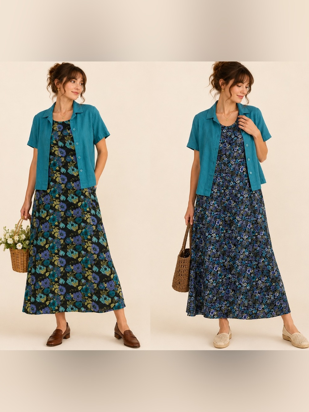 Studio Ease Linen Jacket Reversible Floral Maxi Dress 2 Piece Set Vintage Size 8